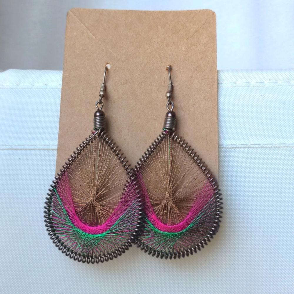 Woven Teardrop Earrings, Bronze, Pink, Green